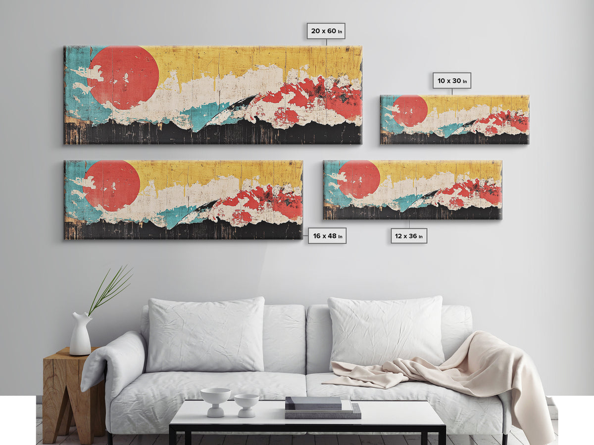 Abstract Red Sun Mountain Wall Art, Japanese Minimalist Canvas Print, Modern Wall Decor, Mid Century Decor, Large Wall Art