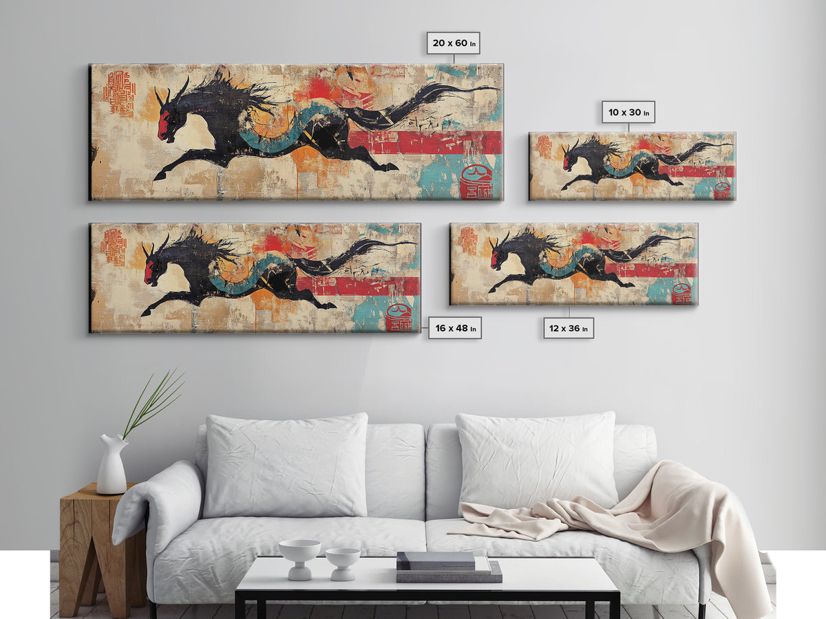 Black Dragon Horse Wall Art, Asian Fantasy Canvas Print, Japanese Decor, Mythical Creature Art, Bold Wall Decor, Gift For Him