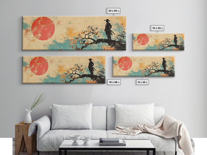 Samurai At Red Sun Wall Art, Japanese Warrior Silhouette Canvas, Asian Inspired Decor, Long Horizontal Zen Landscape Print