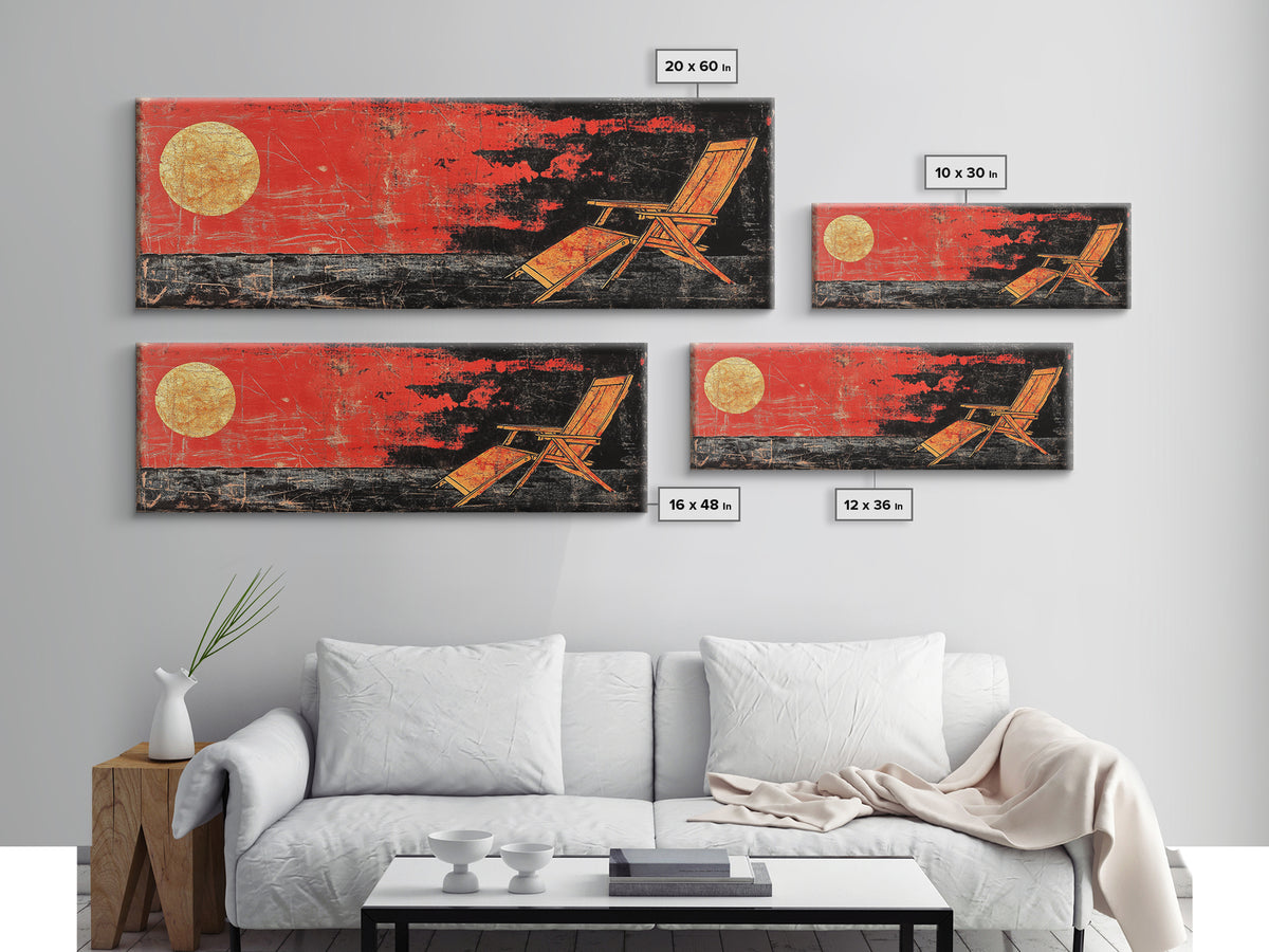 Red Sunset Beach Chair Wall Art, Coastal Lounge Canvas Print, Tropical Home Decor, Summer Ocean Poster For Living Room Decor