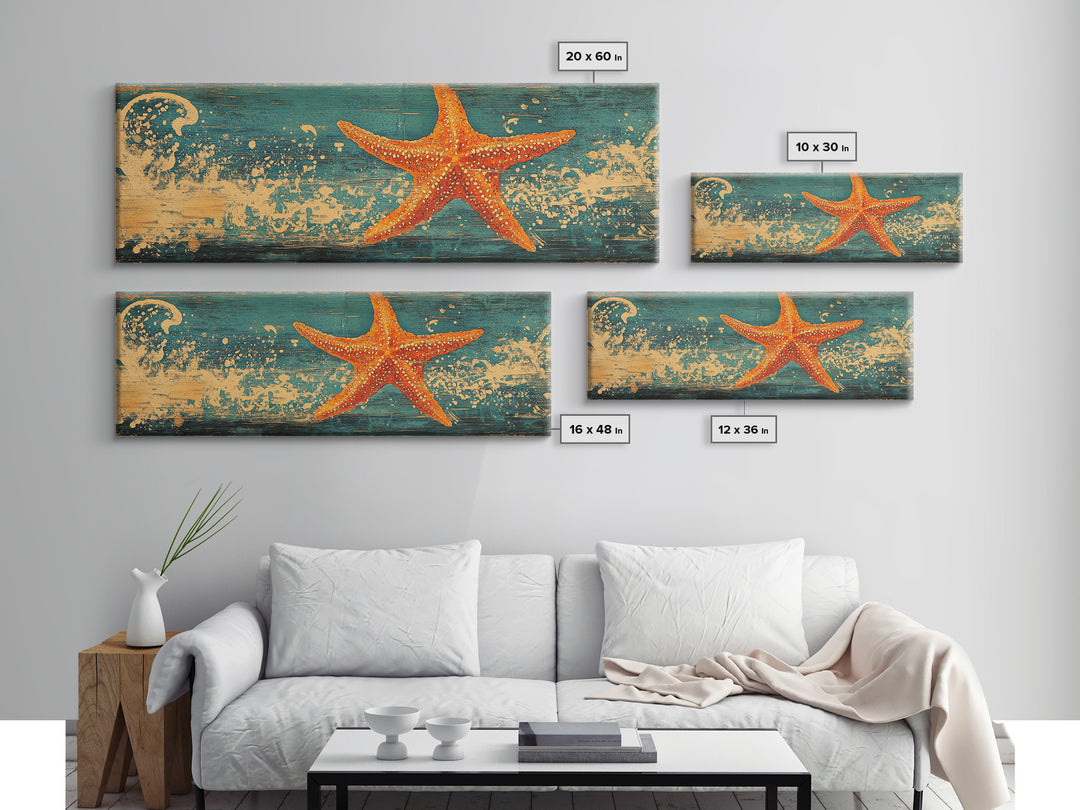 Orange Starfish Wave Wall Art, Coastal Beach Canvas Print, Nautical Bathroom Decor, Tropical Ocean Art For Beach House Decor