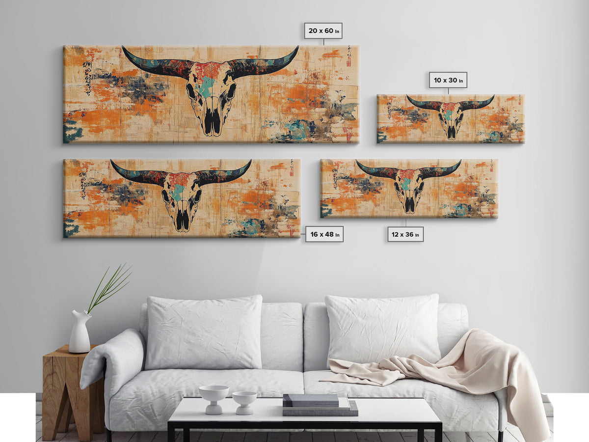 Longhorn Skull Wall Art, Western Rustic Canvas Print, Southwestern Cowboy Decor, Earth Tone Ranch Style Living Room Art Print