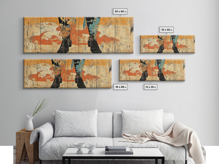 Cowboy Boots And Hat Wall Art, Western Cowgirl Canvas Print, Rustic Ranch Home Decor, Long Horizontal Bedroom Wall Decor