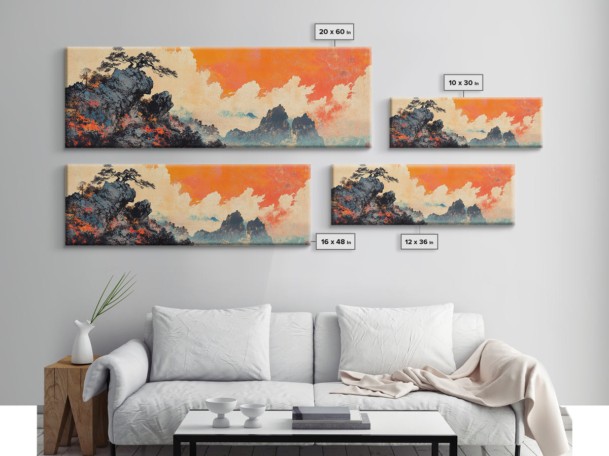Misty Asian Mountains Wall Art, Orange Sky Landscape Canvas Print, Japanese Zen Home Decor, Dramatic Nature Poster For Living Room