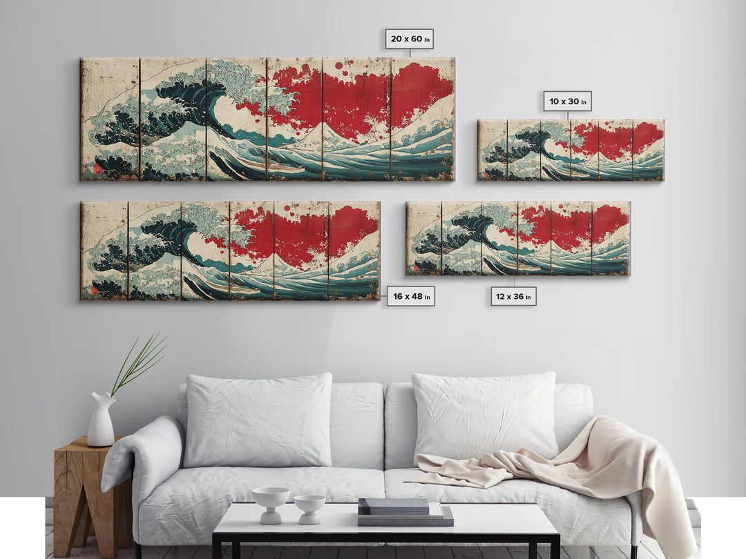 Great Wave Red Sun Wall Art, Japanese Ocean Canvas Print, Coastal Seascape Decor, Panoramic Wave Art Poster For Living Room