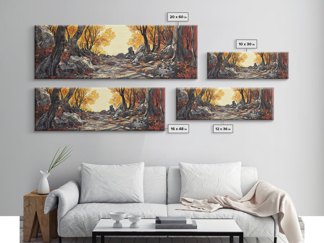 Autumn Forest Path Wall Art, Rustic Landscape Print, Long Horizontal Canvas, Cozy Cabin Decor, Warm Nature Art For Living Room