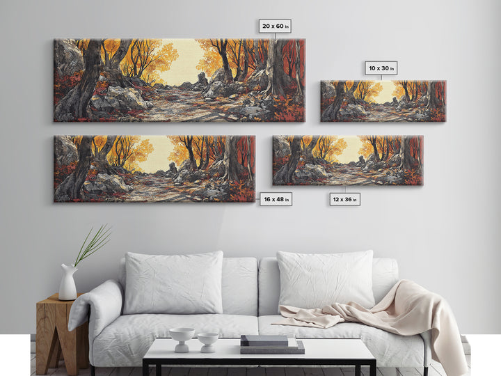 Autumn Forest Path Wall Art, Rustic Landscape Print, Long Horizontal Canvas, Cozy Cabin Decor, Warm Nature Art For Living Room