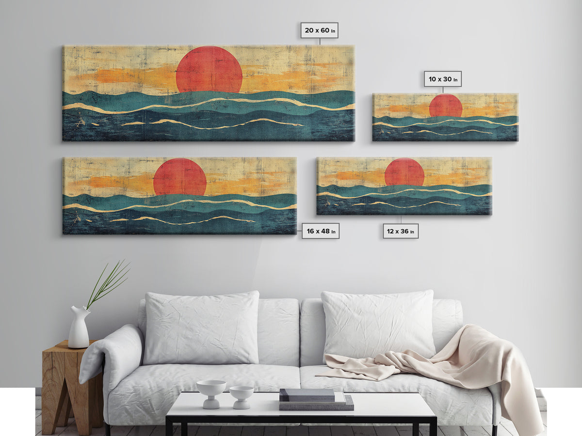 Abstract Ocean Waves Wall Art, Mid Century Coastal Print, Red Sun Seascape, Retro Minimalist Decor For Modern Living Room