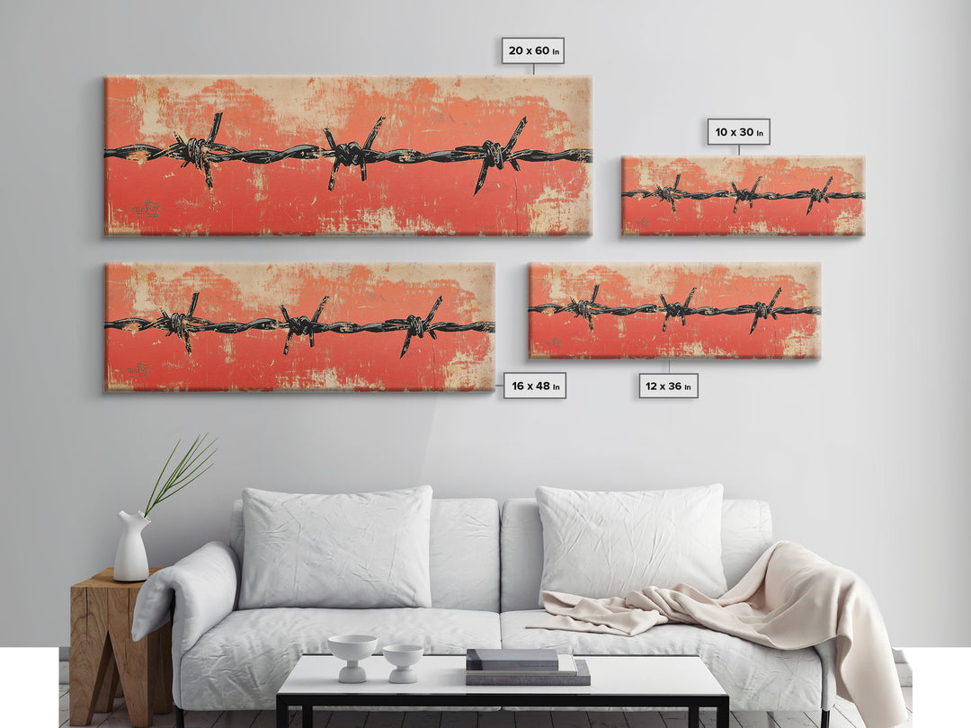 Barbed Wire Fence Wall Art, Western Rustic Print, Industrial Farmhouse Decor, Orange Grunge Canvas For Man Cave Or Office