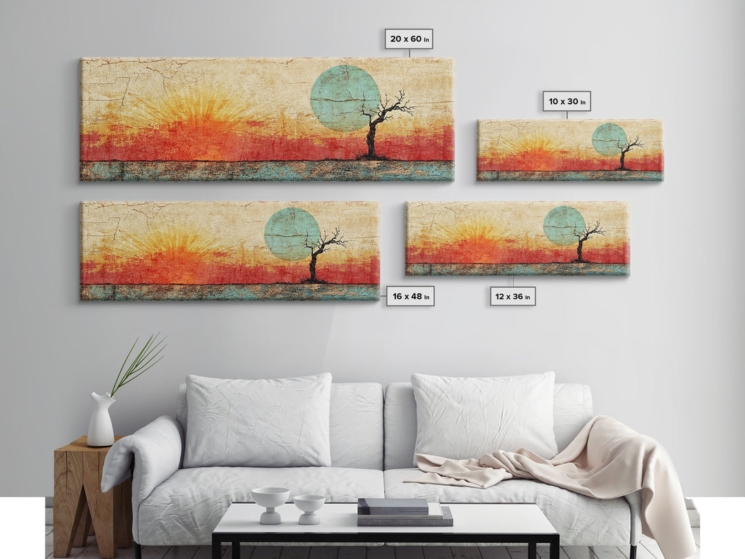 Lone Tree Sunrise Wall Art, Abstract Desert Landscape Print, Mid Century Wabi Sabi Decor, Warm Minimalist Canvas For Living Room
