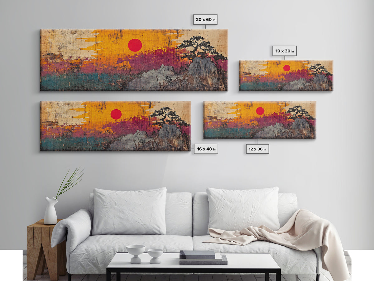 Abstract Mountain Sunset Canvas Print, Japanese Inspired Landscape Wall Art, Bold Orange Teal Decor, Modern Rustic Living Room Print