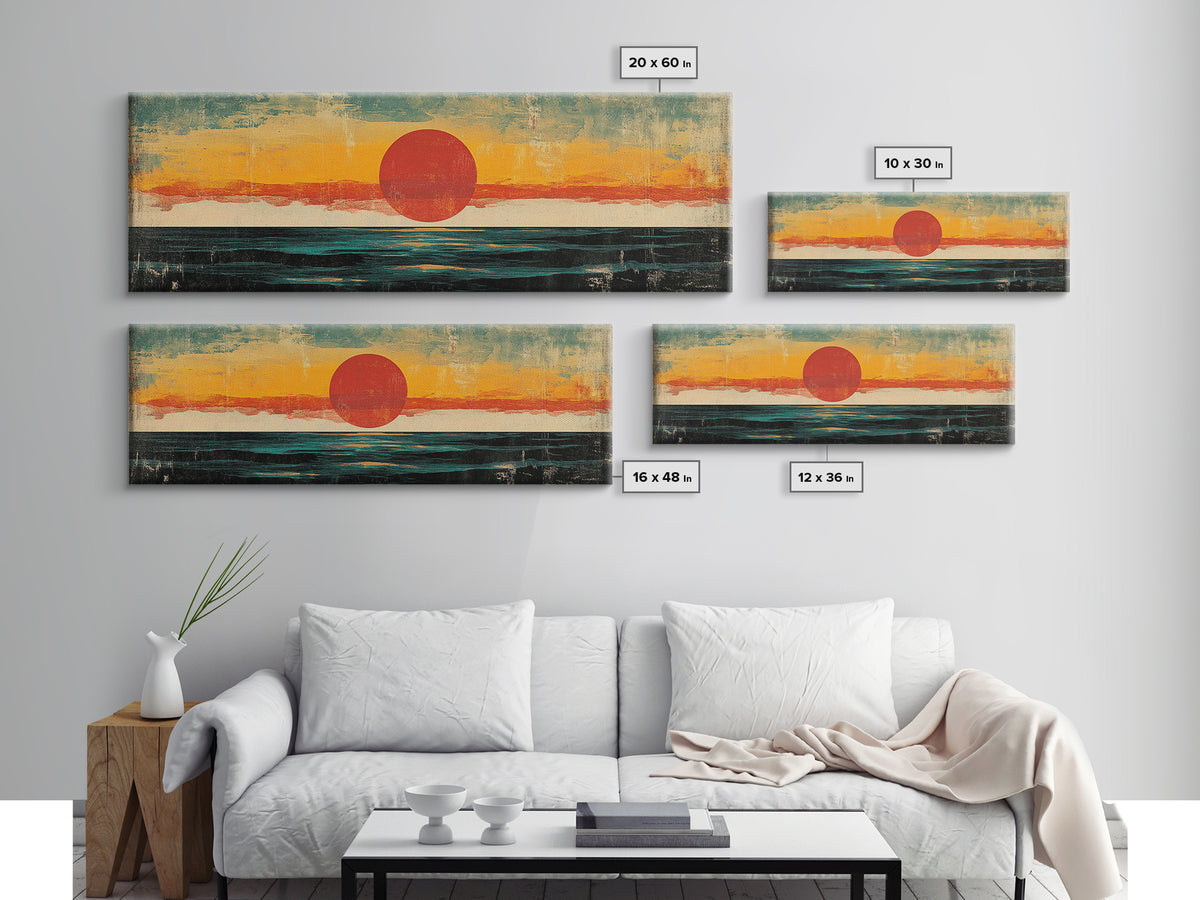 Minimalist Red Sun Ocean Wall Art, Abstract Coastal Landscape Print, Mid Century Modern Decor, Long Horizontal Canvas For Bedroom
