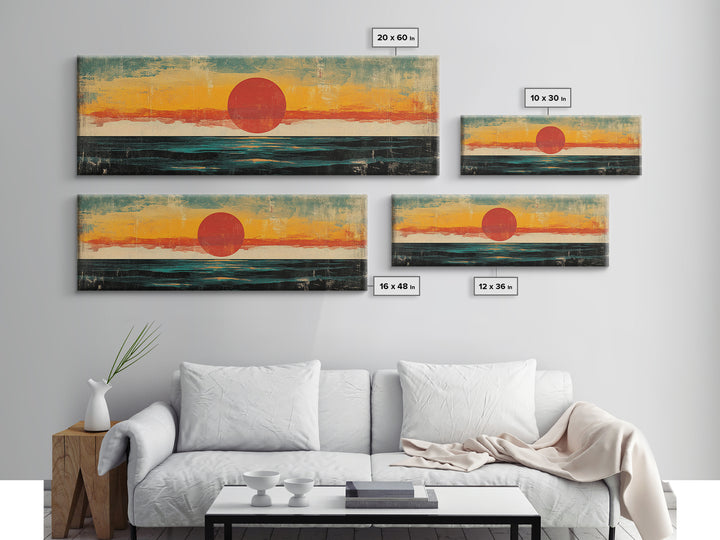 Minimalist Red Sun Ocean Wall Art, Abstract Coastal Landscape Print, Mid Century Modern Decor, Long Horizontal Canvas For Bedroom