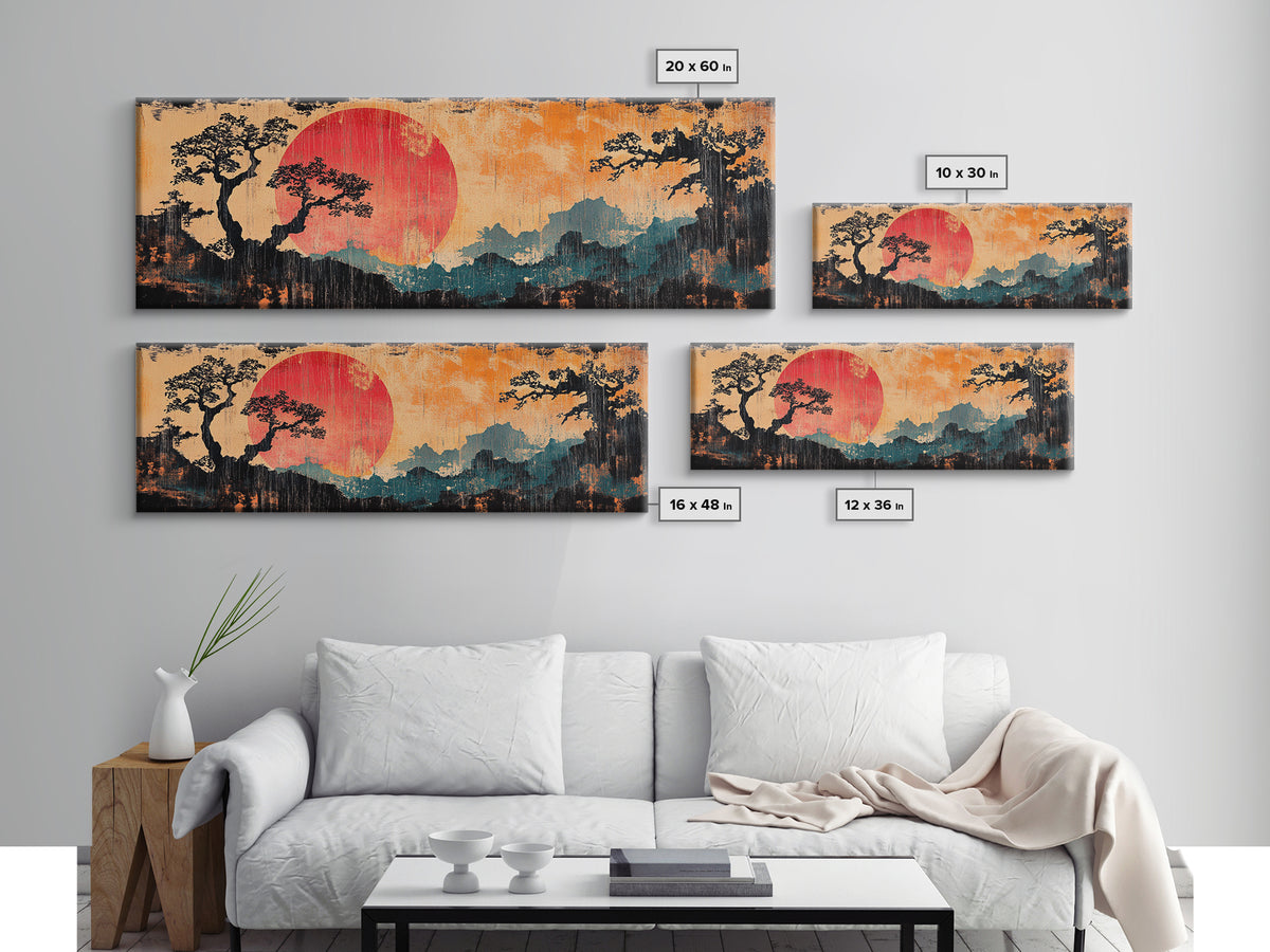 Crimson Sun Behind Misty Mountains Wall Art, Japanese Landscape Canvas Print, Pine Forest Decor, Panoramic Living Room Art