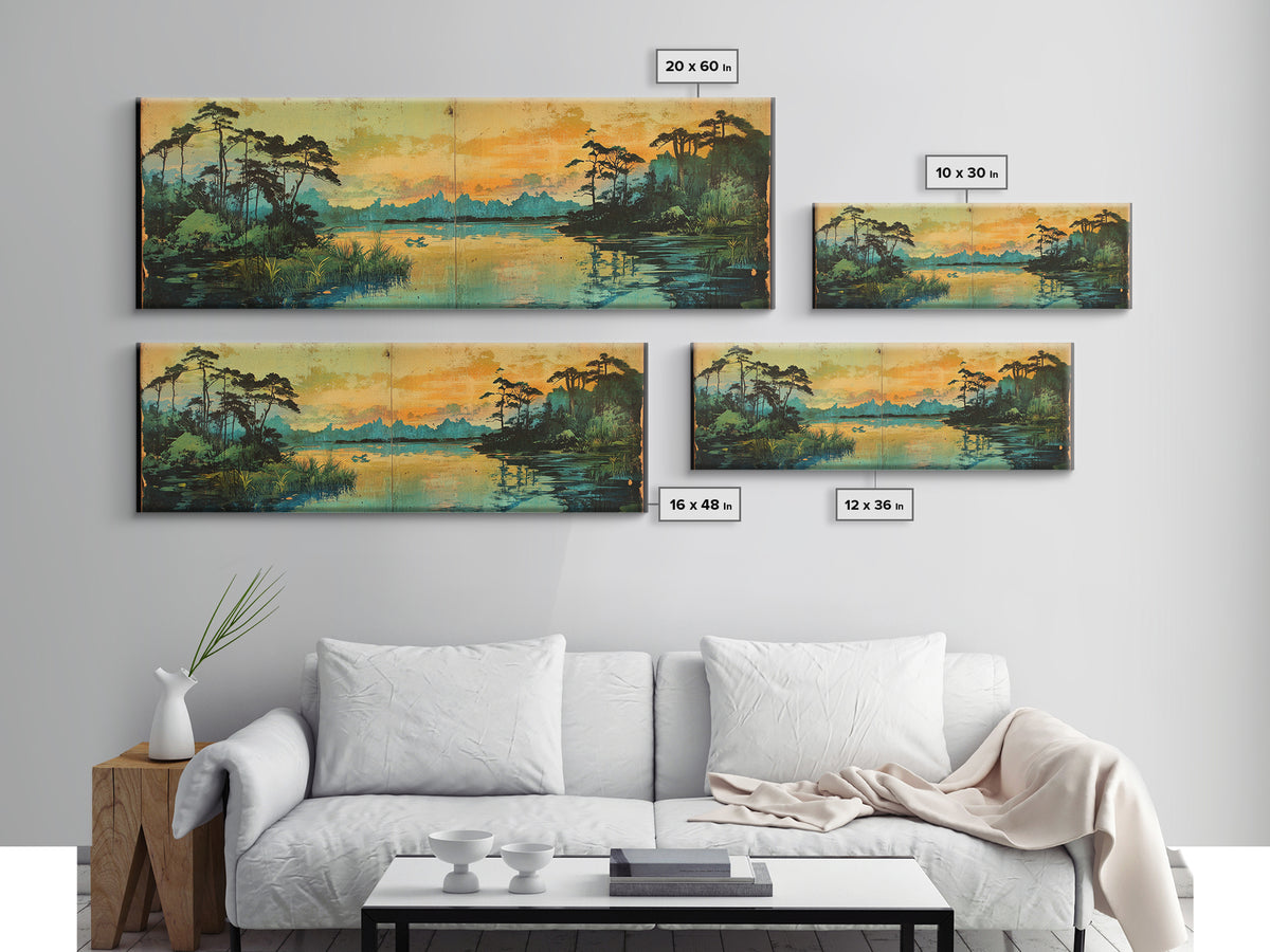 Golden Marsh At Sunset Wall Art, Cypress Lake Landscape Canvas Print, Moody Nature Decor, Large Panoramic Living Room Art