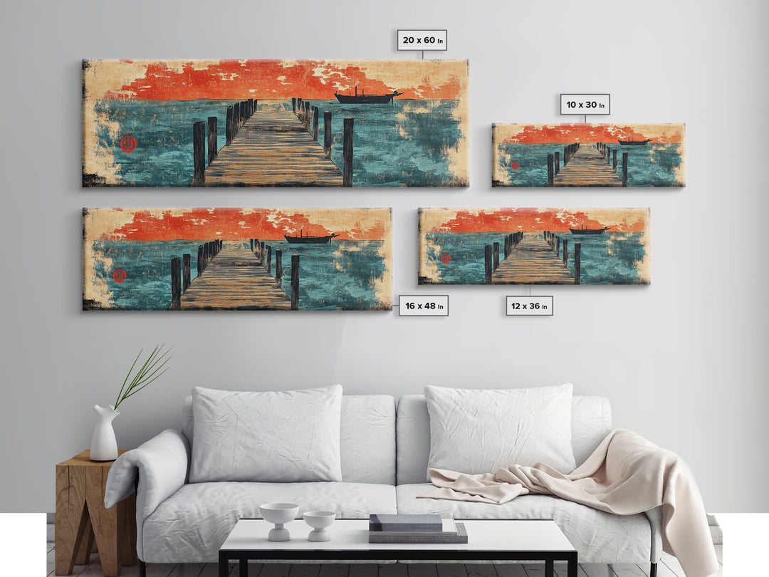 Weathered Pier And Red Sky Wall Art, Japanese Coastal Canvas Print, Ocean Sunset Decor, Large Horizontal Nautical Living Room Art