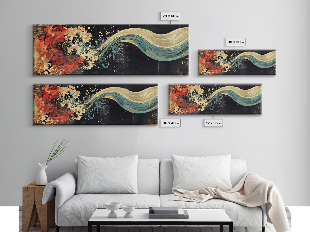Abstract Red Wave And Flowing Tide Wall Art, Japanese Ocean Canvas Print, Koi Inspired Decor, Contemporary Large Wall Art