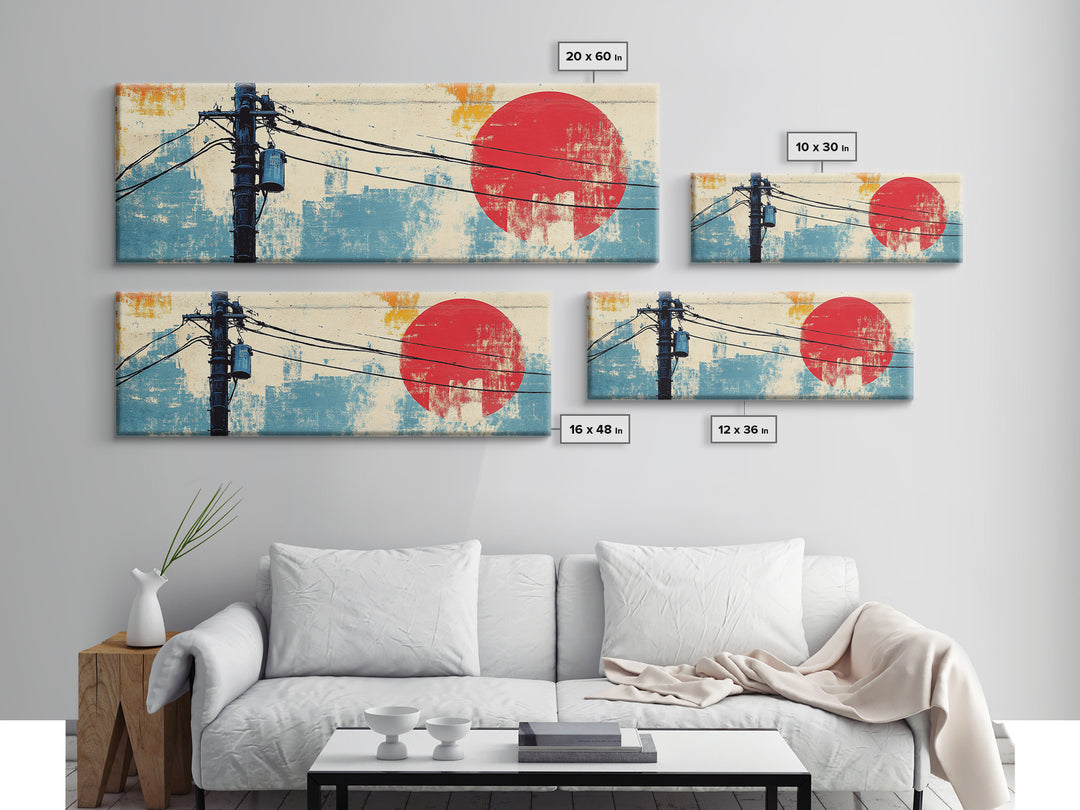 Weathered Utility Pole With Red Sun Canvas Print, Japanese Wall Art, Urban Industrial Decor, Long Horizontal Living Room Art