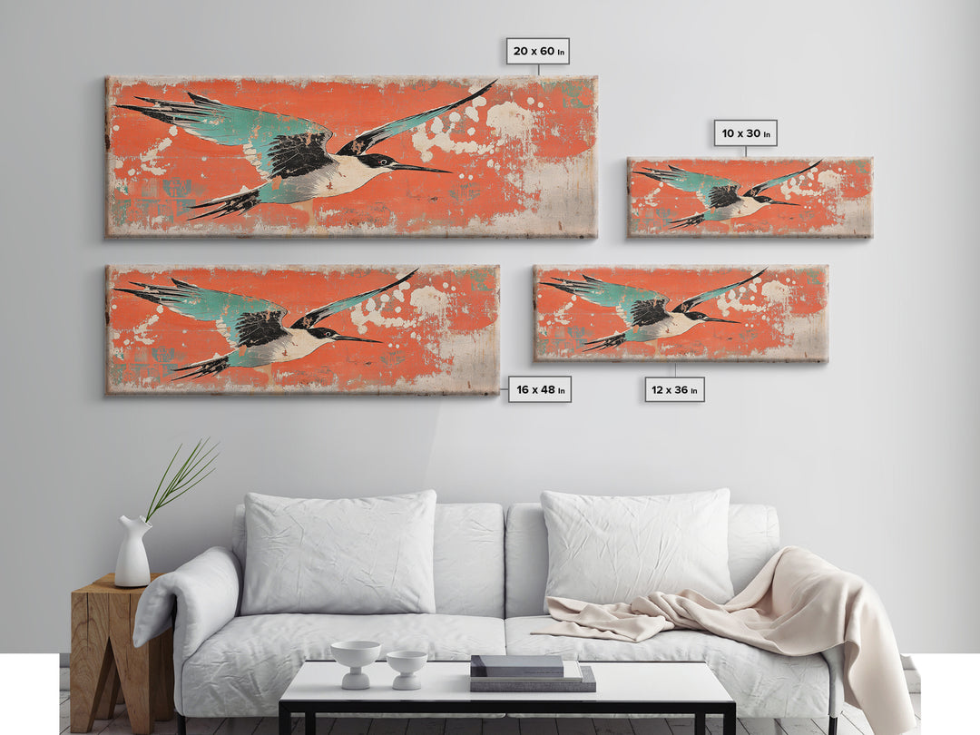 Graceful Teal Crane In Flight Wall Art, Japanese Bird Print, Coastal Wildlife Decor, Long Horizontal Canvas For Living Room