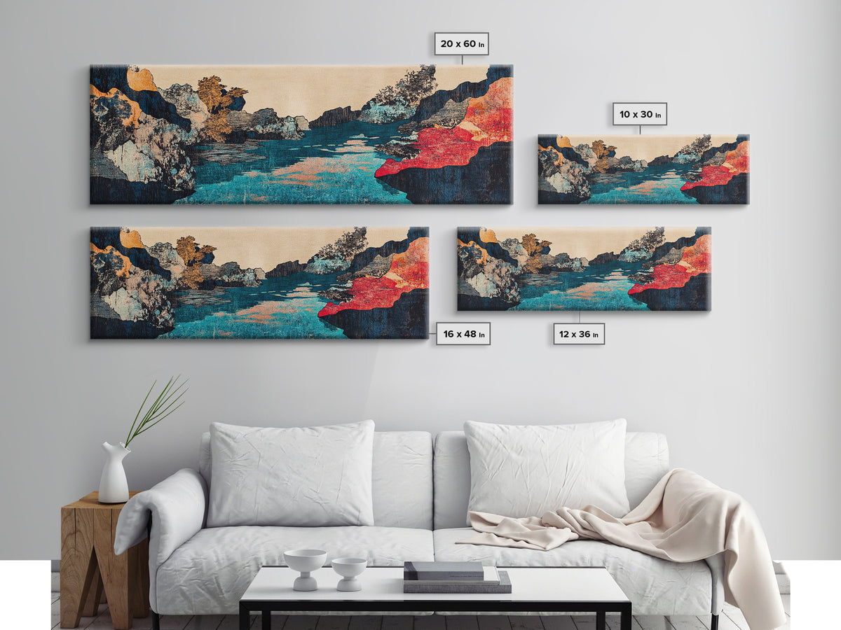 Turquoise River Canyon With Red Cliffs Canvas Print, Japanese Landscape Wall Art, Moody Nature Decor For Living Room And Office