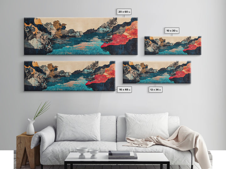 Turquoise River Canyon With Red Cliffs Canvas Print, Japanese Landscape Wall Art, Moody Nature Decor For Living Room And Office