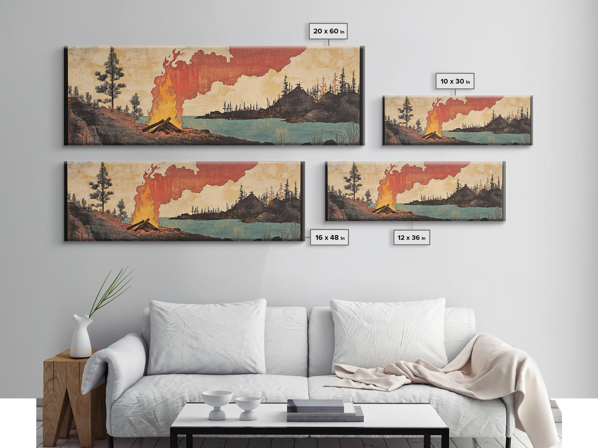 Lakeside Campfire With Red Smoke Canvas Print, Rustic Japanese Landscape Wall Art, Cabin Decor For Living Room And Office