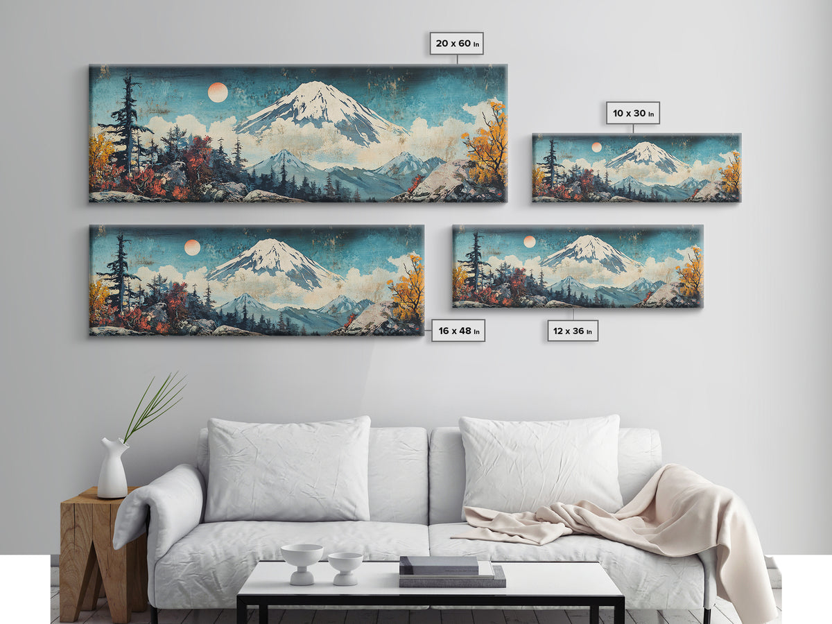 Snowy Mount Fuji With Moonlit Forest Framed Canvas Print, Japanese Mountain Wall Art, Winter Landscape Living Room Decor