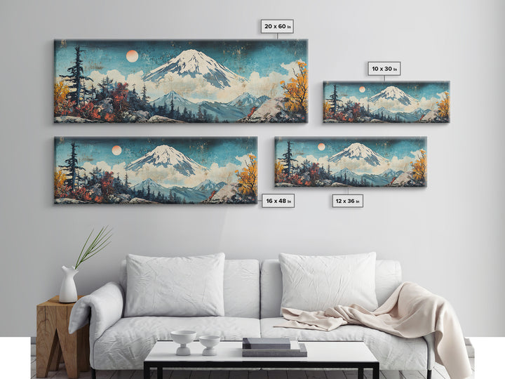 Snowy Mount Fuji With Moonlit Forest Framed Canvas Print, Japanese Mountain Wall Art, Winter Landscape Living Room Decor