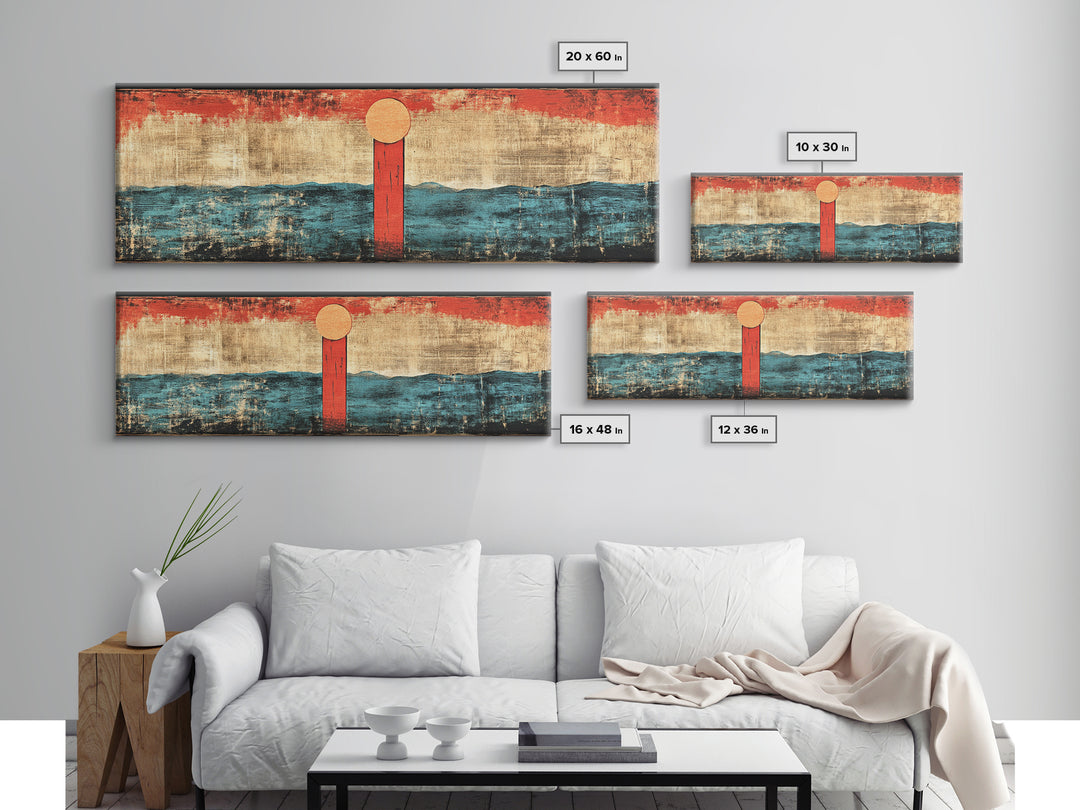 Minimal Red Sun Over Waves Canvas Print, Japanese Seascape Wall Art, Coastal Decor, Abstract Ocean Art, Japandi Home Decor