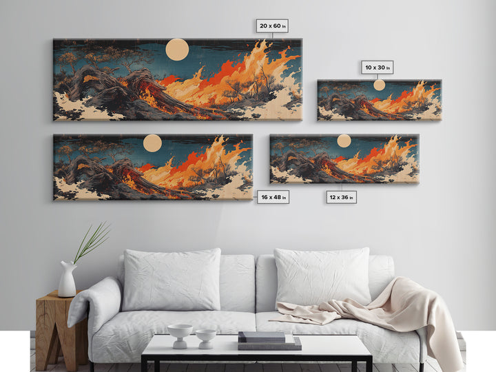 Fiery Dragon Wave Framed Canvas Print, Japanese Fantasy Wall Art, Dark Ocean Decor, Mythical Creature Art, Statement Artwork