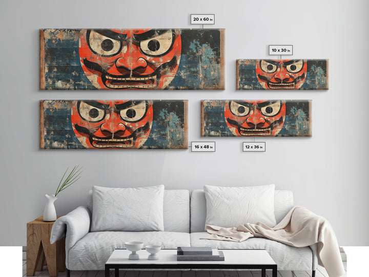 Red Oni Mask Wall Art, Japanese Framed Canvas Print, Asian Inspired Decor, Bold Folk Art, Dramatic Statement Artwork Gift