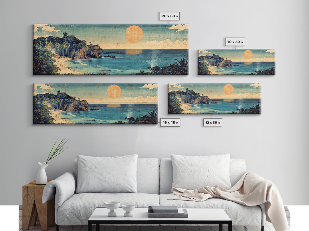 Tropical Ocean Cove Sunset Wall Art, Panoramic Coastal Canvas Print, Beach House Decor, Nautical Living Room Wall Art Print