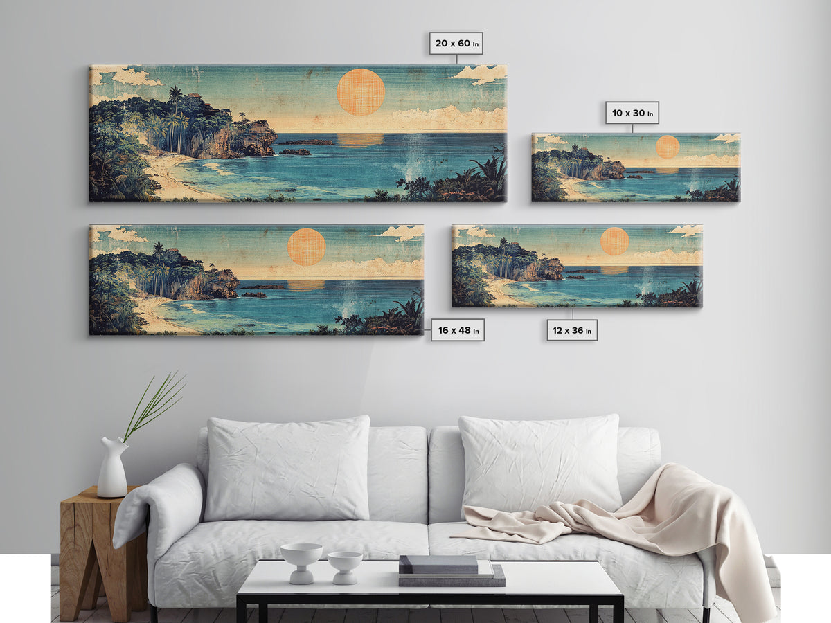 Tropical Ocean Cove Sunset Wall Art, Panoramic Coastal Canvas Print, Beach House Decor, Nautical Living Room Wall Art Print