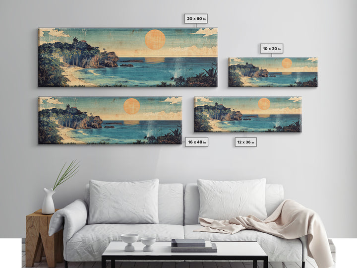Tropical Ocean Cove Sunset Wall Art, Panoramic Coastal Canvas Print, Beach House Decor, Nautical Living Room Wall Art Print