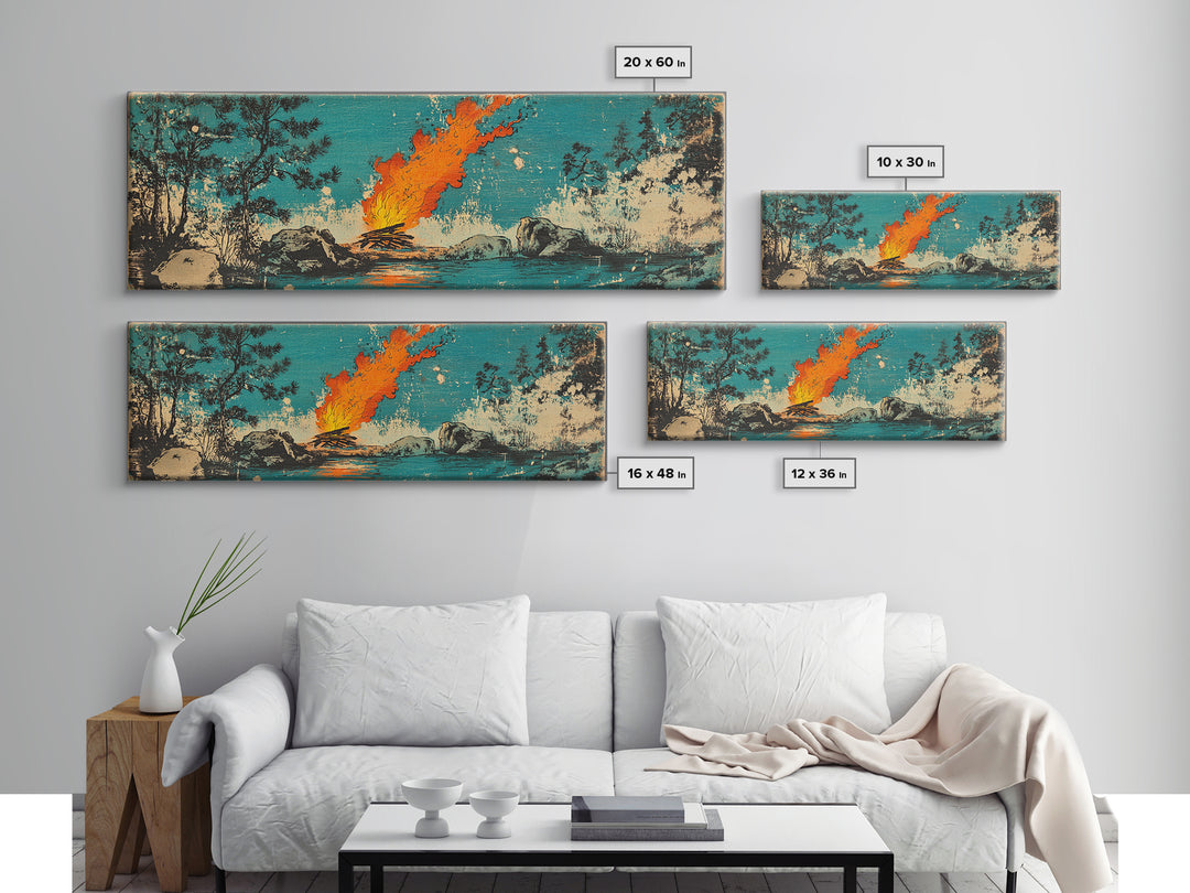 Campfire By River In Teal Forest Wall Art, Rustic Nature Canvas Print, Cozy Cabin Decor, Outdoor Adventure Wall Decor, Living Room Art
