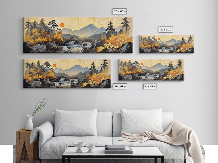 Autumn Mountain River Sunrise Wall Art, Panoramic Landscape Canvas Print, Rustic Cabin Decor, Large Nature Living Room Art