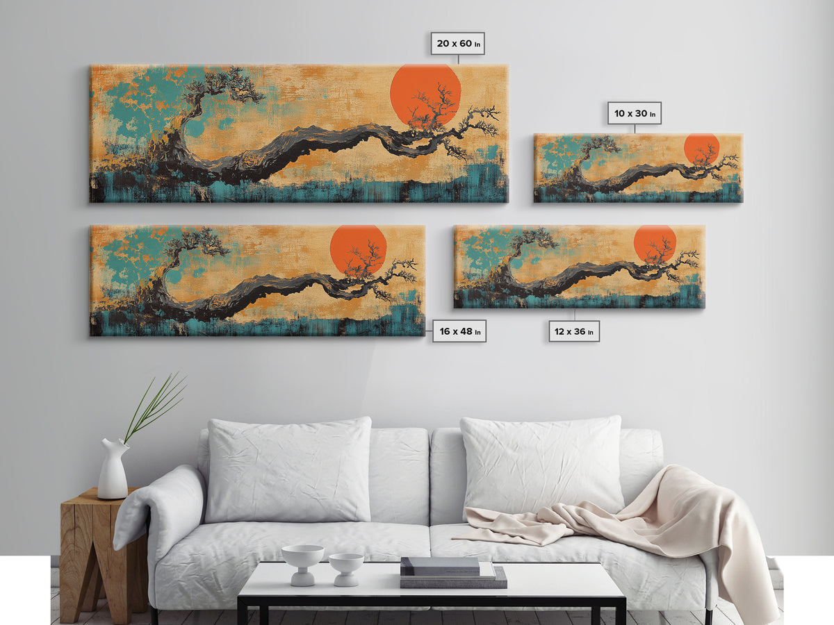 Twisted Bonsai Tree With Red Sun Wall Art, Japanese Landscape Canvas Print, Japandi Asian Decor For Modern Living Room Home Decor