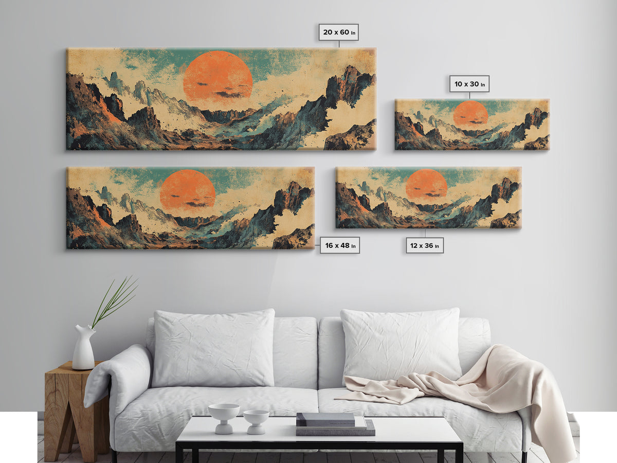 Abstract Mountain Valley With Orange Sun Wall Art, Modern Landscape Canvas Print, Japandi Earth Tone Living Room Home Decor