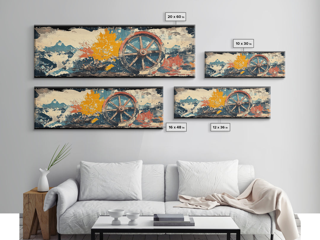 Rustic Wagon Wheel Against Painted Sky Wall Art, Western Canvas Print, Farmhouse Country Decor For Living Room Home Decor