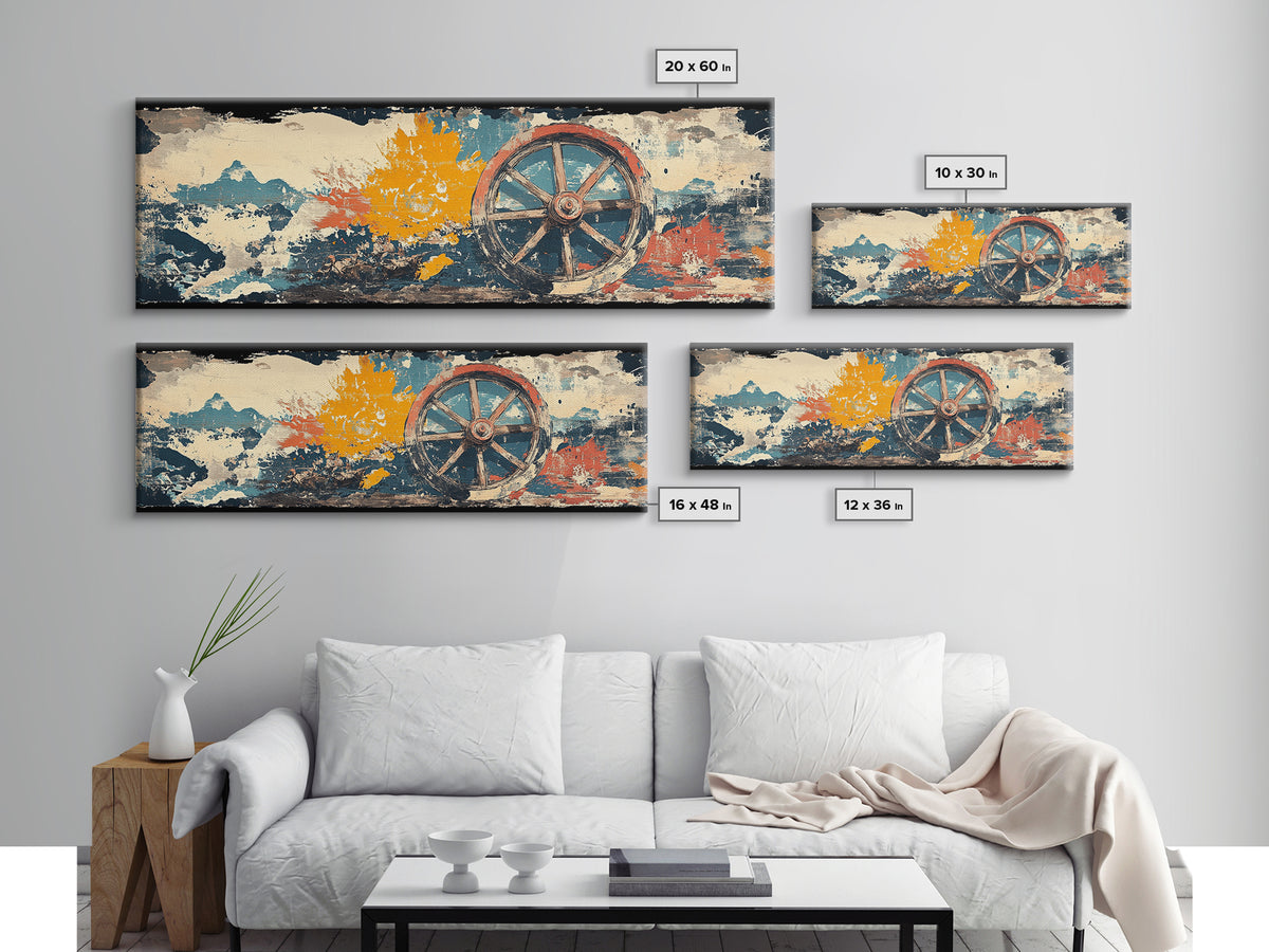 Rustic Wagon Wheel Against Painted Sky Wall Art, Western Canvas Print, Farmhouse Country Decor For Living Room Home Decor