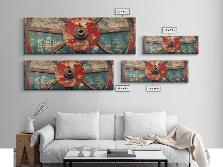 Weathered Wagon Wheel On Turquoise Wood Wall Art, Rustic Western Framed Canvas Print, Farmhouse Decor For Man Cave Home Bar Decor