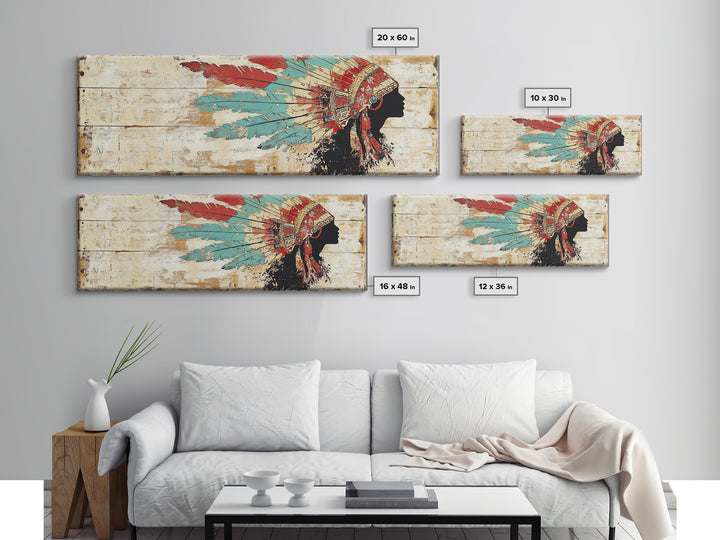 Native American Headdress Silhouette Wall Art, Western Tribal Canvas Print, Rustic Indigenous Decor For Living Room Home Decor