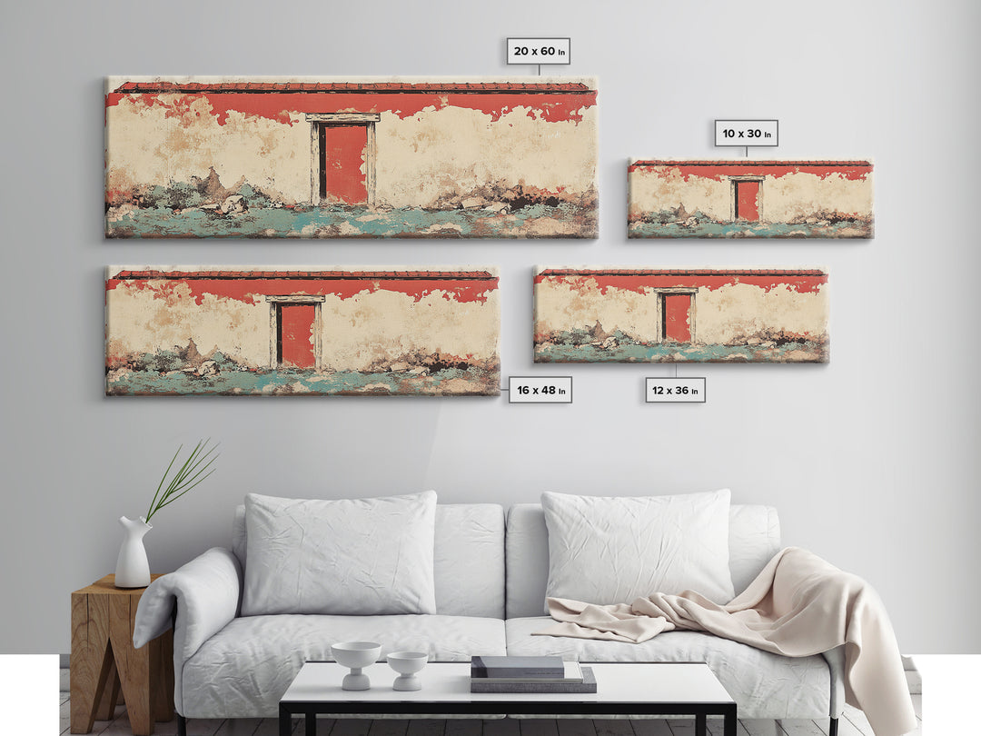 Weathered Red Door Adobe Facade Wall Art, Rustic Southwestern Canvas Print, Farmhouse Entryway Decor, Long Horizontal Art