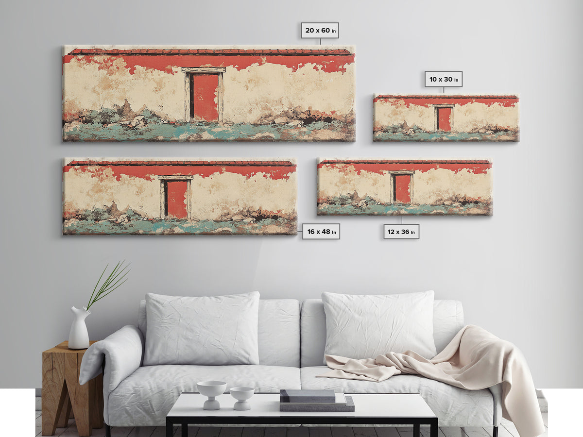 Weathered Red Door Adobe Facade Wall Art, Rustic Southwestern Canvas Print, Farmhouse Entryway Decor, Long Horizontal Art