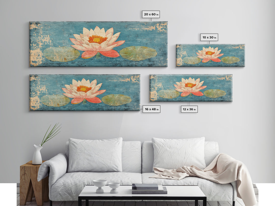 Pink Lotus Flower On Blue Pond Wall Art, Japanese Water Lily Canvas Print, Zen Bathroom Decor, Botanical Coastal Home Decor