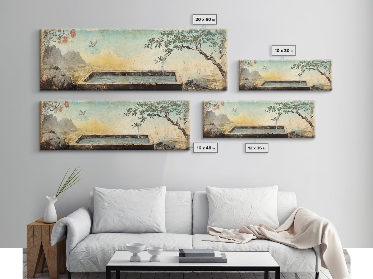 Stone Garden Fountain With Tree Wall Art, Japandi Courtyard Canvas Print, Zen Spa Decor, Asian Inspired Landscape Wall Decor