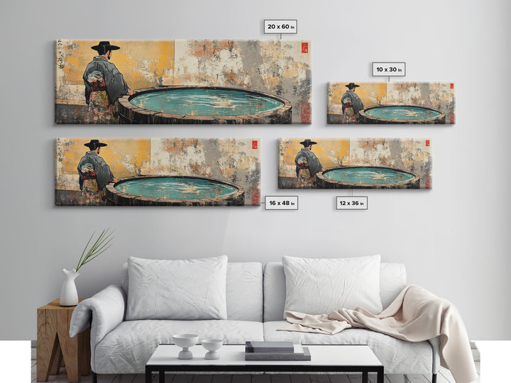 Kimono Figure Beside Round Pool Wall Art, Japanese Onsen Canvas Print, Wabi Sabi Spa Decor, Asian Bathroom Wall Decor Print