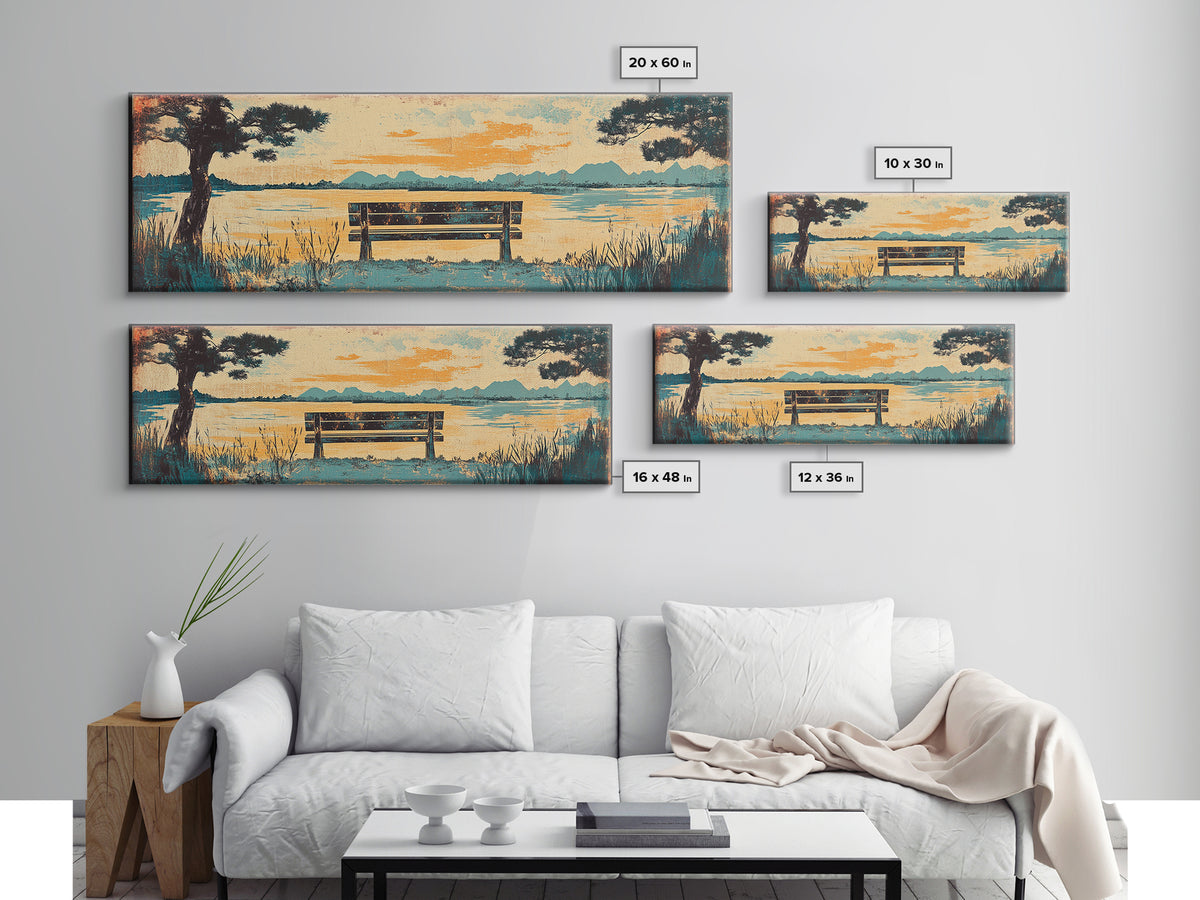 Lake Bench At Sunset With Pine Trees Wall Art, Coastal Landscape Canvas Print, Serene Living Room Decor, Long Horizontal Art