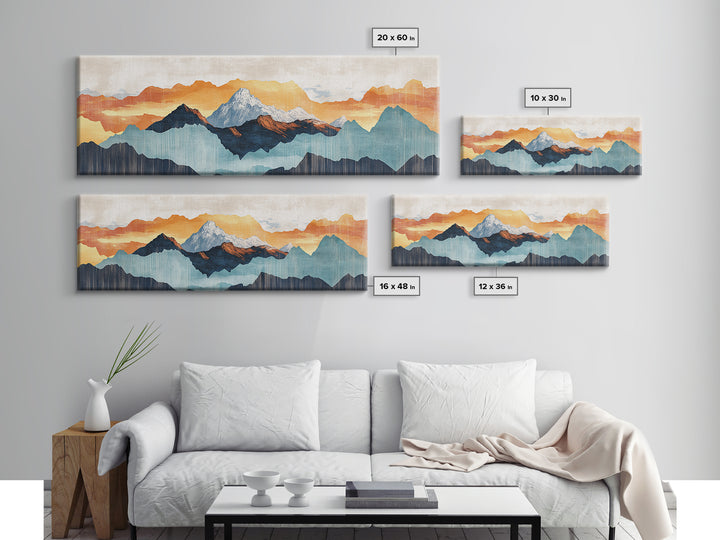 Layered Blue Orange Mountain Range Wall Art, Abstract Landscape Canvas Print, Modern Rustic Decor, Extra Wide Living Room Art