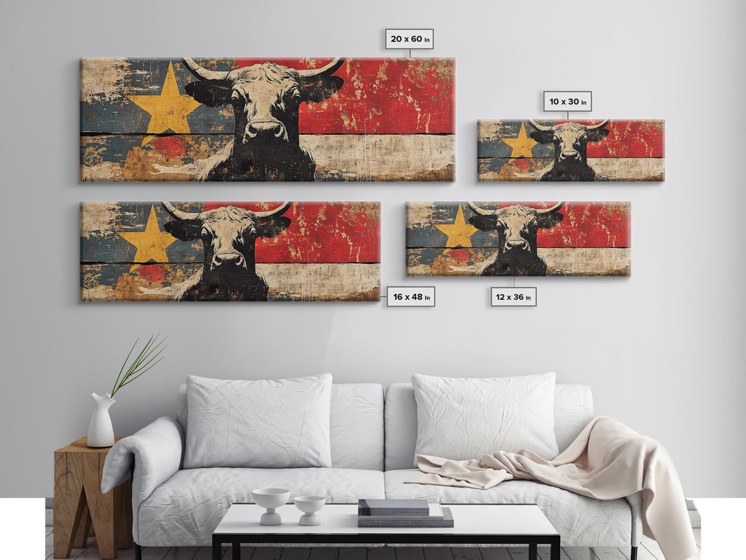 Black Longhorn Bull Texas Flag Wall Art, Western Canvas Print, Rustic Ranch Decor, Cowboy Man Cave Decor, Americana Gift